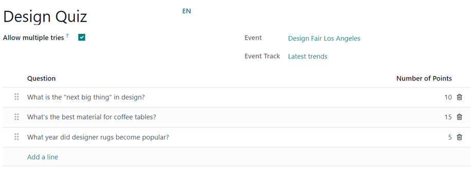 The Add Quiz page in the Varyshop Events application for an event track.