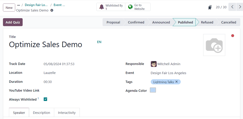 Typical event track form in the Varyshop Events application.