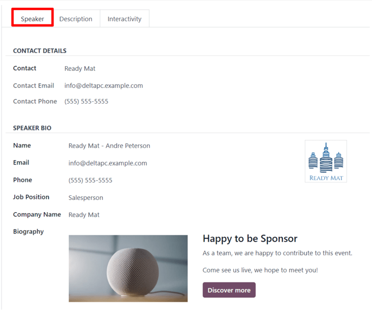 The Speaker tab on an event track form in the Varyshop Events application.
