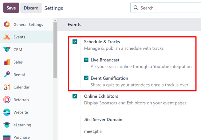 The Schedule and Tracks setting in the Varyshop Events app, along with corresponding options.